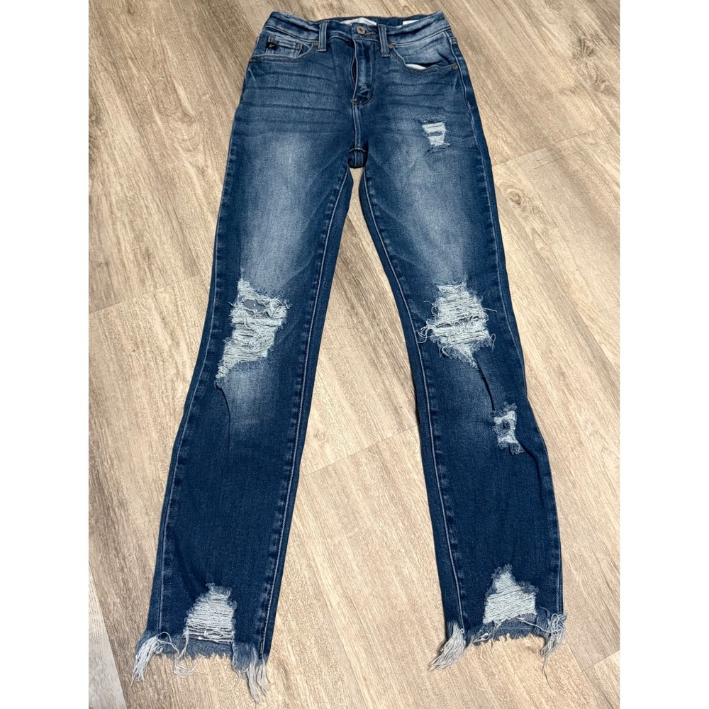 Kancan Womens Distressed Skinny Jeans Dark‎ Wash Button Fly Size 23